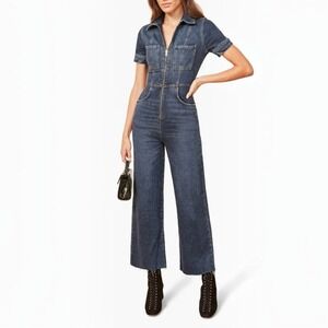 Reformation Jeans Georgia Jumpsuit Size 4 Kasai Denim Cropped Wide Leg Raw Hem
